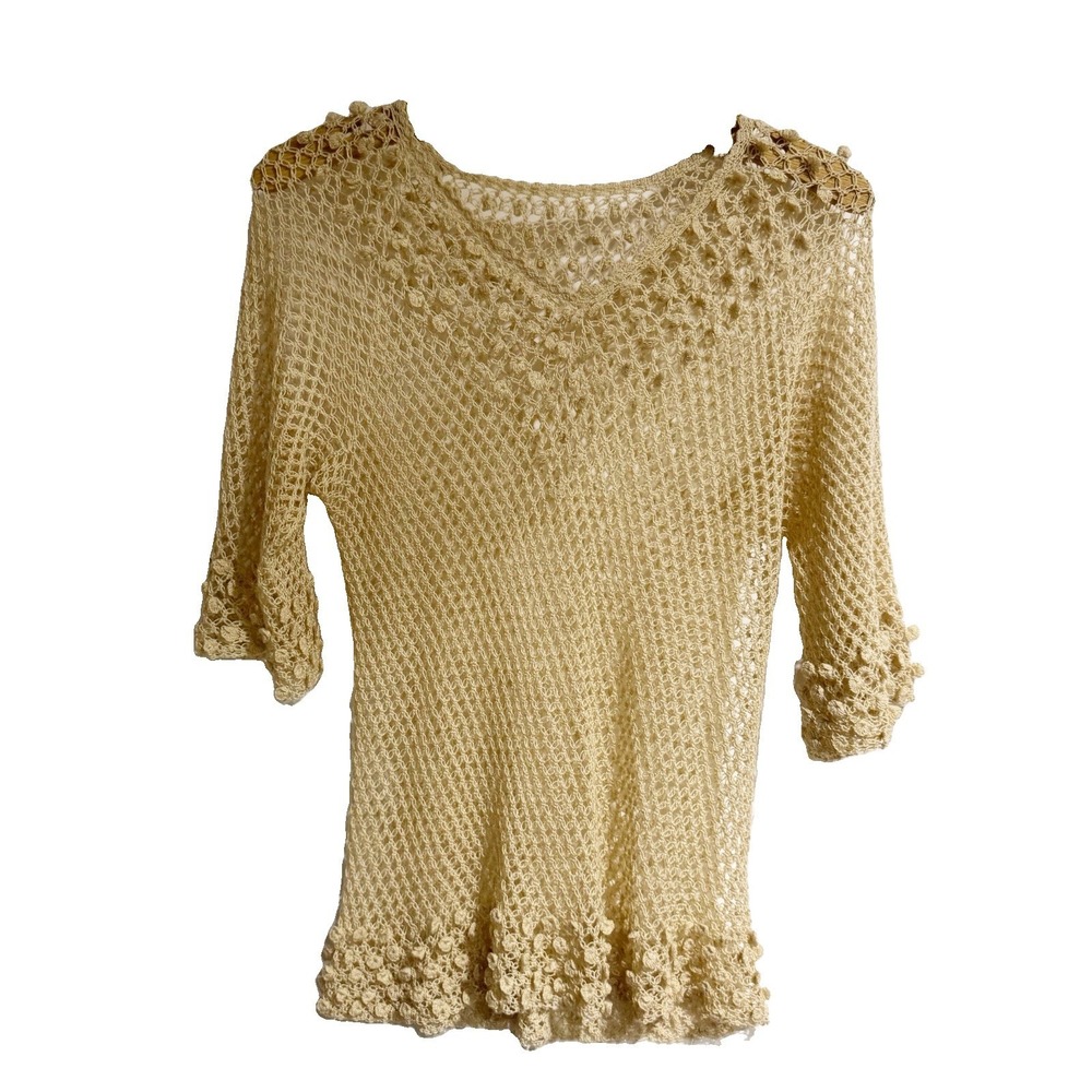 Boho Crotchet Beige Tan Pullover Sweater V‎ Neck Handmade
